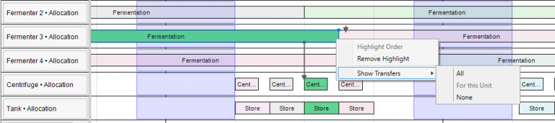 INOSIM Gantt-Chart can now filter transfer links for a specific unit, highlight orders and abbreviate labels.