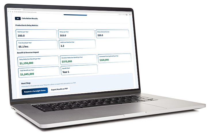 Laptop displaying the INOSIM Foresight Benefit Calculator dashboard. The screen presents calculated production and delay metrics together with quantified business benefits from reduced delays, fewer deviations, and optimized production planning.