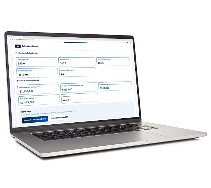 Laptop showing the INOSIM Foresight Benefit Calculator for analyzing production metrics, delays, and potential cost savings in process manufacturing operations.